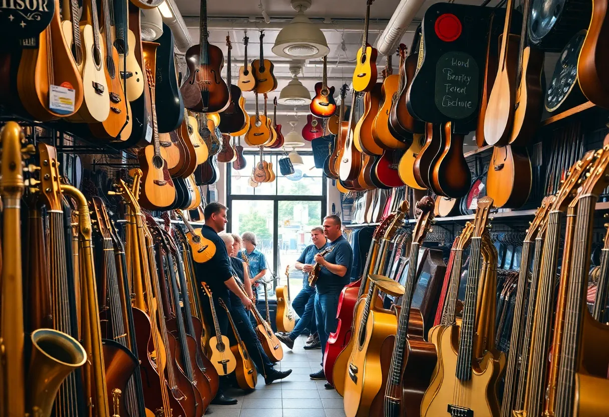 Interior of Giant Steps Music Corp with instruments and customers
