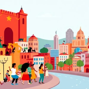 Diverse community celebrating in San Antonio with inclusivity symbols