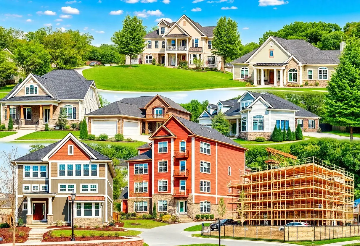 Aerial view of diverse residential properties in Hamilton County with construction site for new apartments in the background