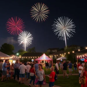 Celebration scene depicting July 4th festivities with fireworks in Tennessee Valley.
