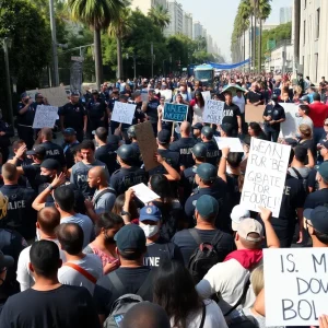 Crowd of protesters in Los Angeles during protests against immigration raids
