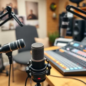 Cozy and professional podcast studio setup