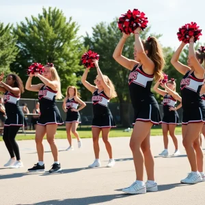 Rock Springs High School cheerleaders practicing cheers outdoors