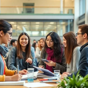 Campus scene of Tennessee Tech University with students studying and collaborating.