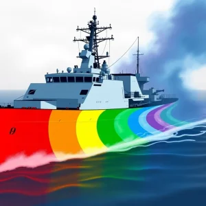 A military ship, symbolic of the USNS Harvey Milk, representing pride and diversity.