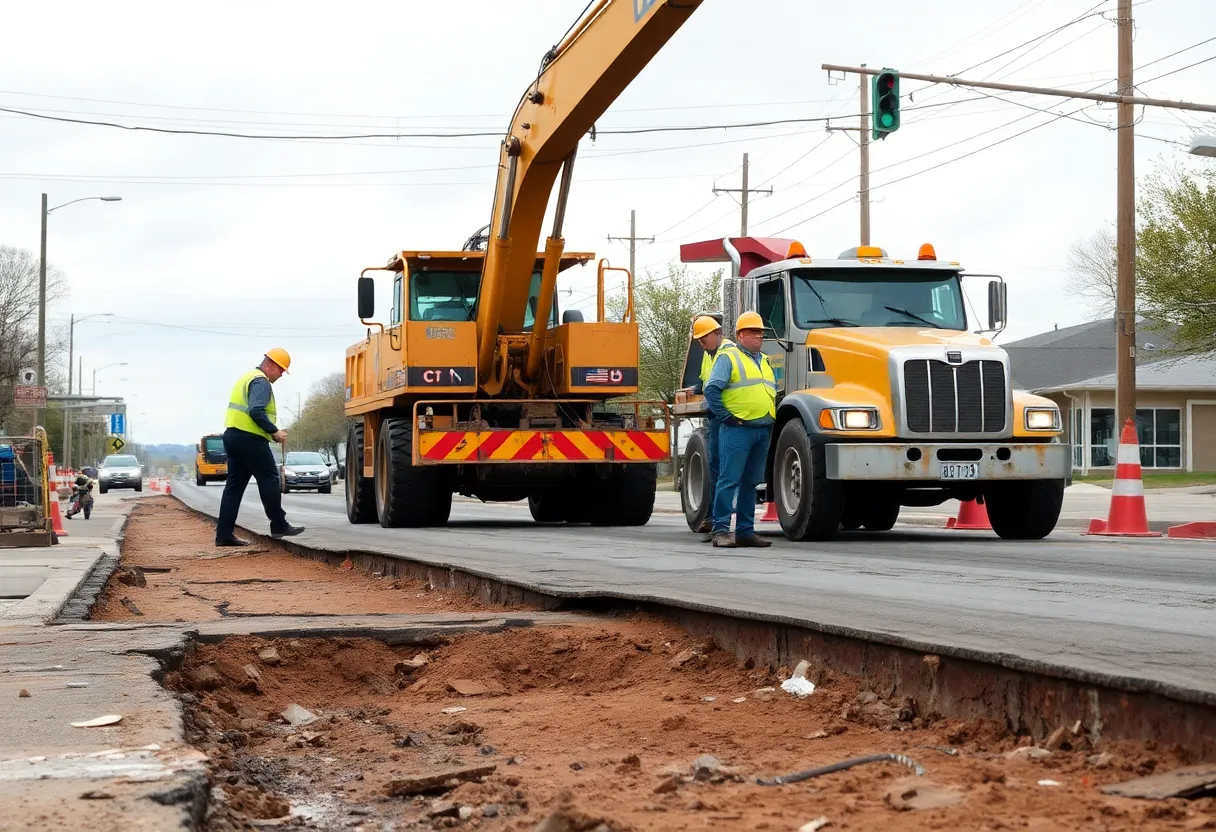 Construction crew repairing water main break on South Holtzclaw Avenue in Chattanooga.