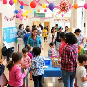 Families attending the Back-to-School Open House with activities for kids.