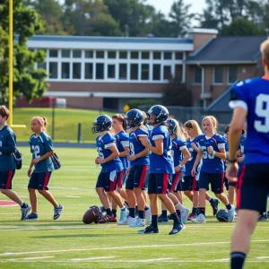 Young athletes practicing on a football field at Baylor School