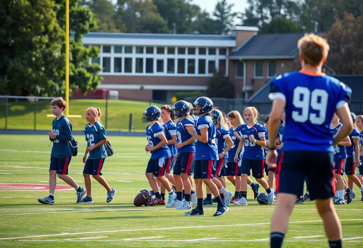 Young athletes practicing on a football field at Baylor School