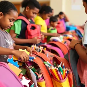 Volunteers packing backpacks filled with school supplies