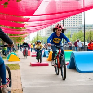A family enjoying the new pop-up bike park on the Tennessee Riverwalk in Chattanooga