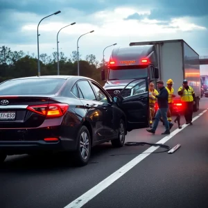 Scene of a car accident on a highway with emergency responders present.
