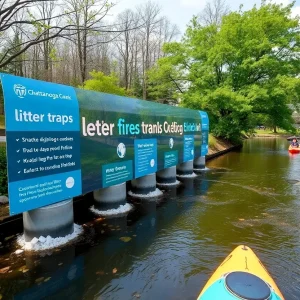 View of Chattanooga Creek with litter traps installed to combat pollution