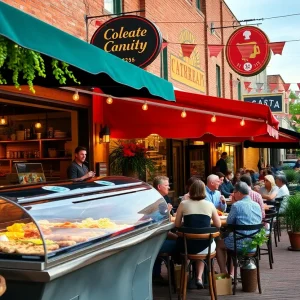 A picturesque view of Chattanooga's dining scene showcasing various restaurants and outdoor dining spaces.