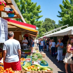 Vendors and visitors at the Chattanooga Farmers Market with fresh produce and crafts