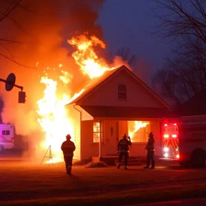 Firefighters extinguishing flames at a vacant home in Chattanooga