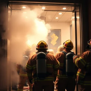 Firefighters rescuing guests from a smoke-filled elevator at Spark by Hilton.