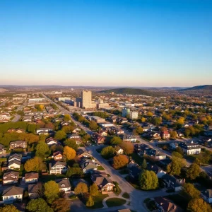 Aerial view of Chattanooga showcasing homes and the city.