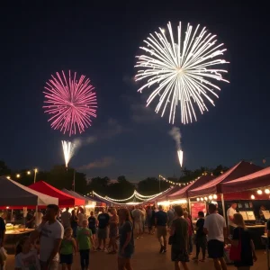 Families celebrating Independence Day in Chattanooga with fireworks in the background.