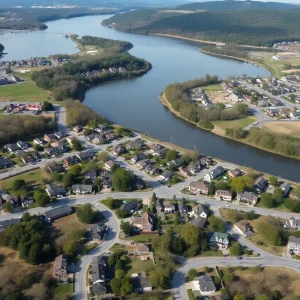 Aerial view of a Chattanooga neighborhood illustrating homes and the river.