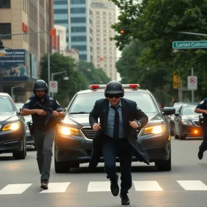 Police officers in an urban area pursuing a suspect