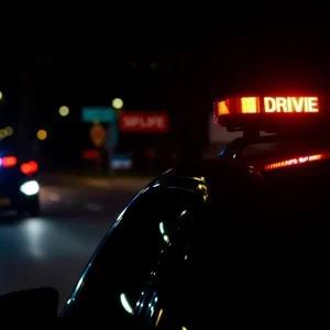 Police car with flashing lights in Chattanooga at night