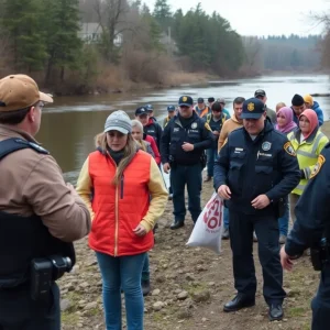 Chattanooga Police and volunteers conducting search operations by the river.