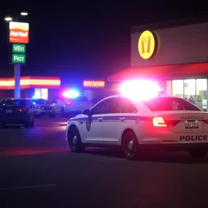 Police car in a parking lot at night with flashing lights