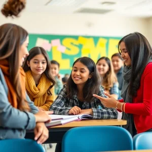 Diverse group of teachers and students in a vibrant classroom