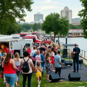 Concert scene at Chattanooga Riverfront Nights with families, food trucks, and a tribute band on stage.