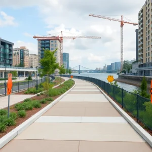 Construction of the Chattanooga Riverwalk with wide paths and landscaping.