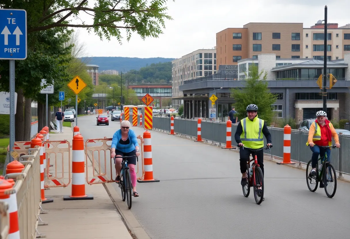 Chattanooga Riverwalk under construction with cyclists sharing a lane with vehicles.