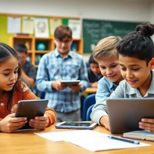 Students in a classroom using technology responsibly