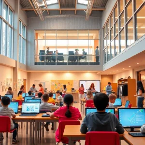 Conceptual image of a modern school building with students engaging in learning activities.