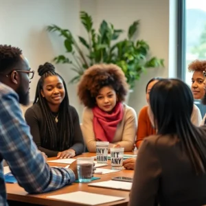 Diverse individuals participating in a civil rights advocacy meeting