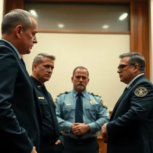 Courtroom scene indicating a federal indictment involving law enforcement officials.