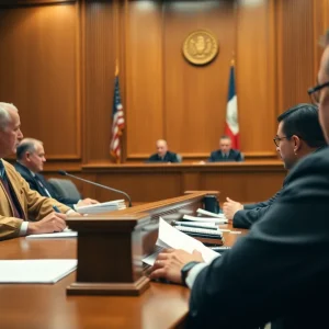 Judges deliberating a case in a courtroom