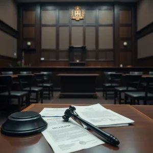 Empty courtroom with legal documents