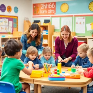 Children and educators participating in interactive learning activities in a classroom