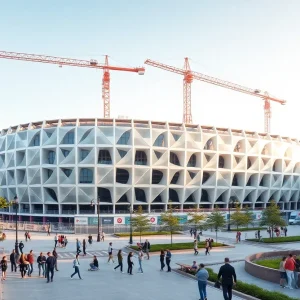 Construction of Erlanger Park in Chattanooga with a vibrant stadium and pedestrian area.