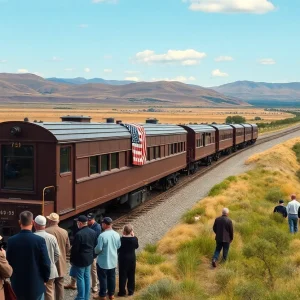 Funeral train with a crowd gathered along the tracks in remembrance