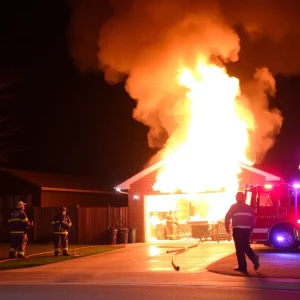 Firefighters battling a garage fire at night