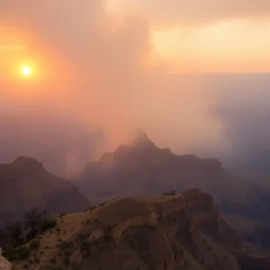 Aerial view of the Grand Canyon affected by wildfire smoke and damage.