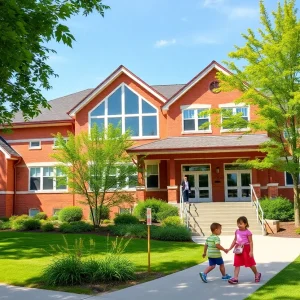 Exterior view of Highland Rim School with students playing.