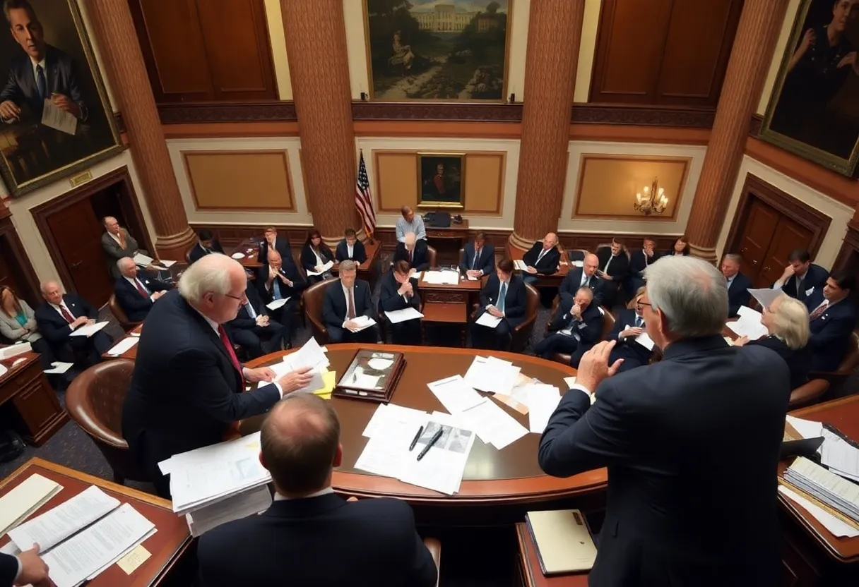 Lawmakers discussing a new tax bill in a legislative hall