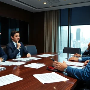 Executives in a boardroom discussing a lawsuit settlement