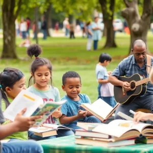 Families enjoying the Reading in the Park event at Coolidge Park