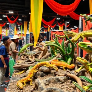 Families exploring the Repticon Exotic Animal Expo with various reptiles and exotic animals on display