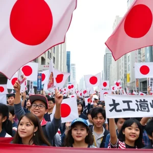 A gathering of Sanseito party supporters at a political rally in Japan, demonstrating nationalism.