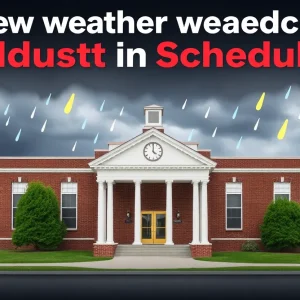 Dark storm clouds over a school building in Chattanooga